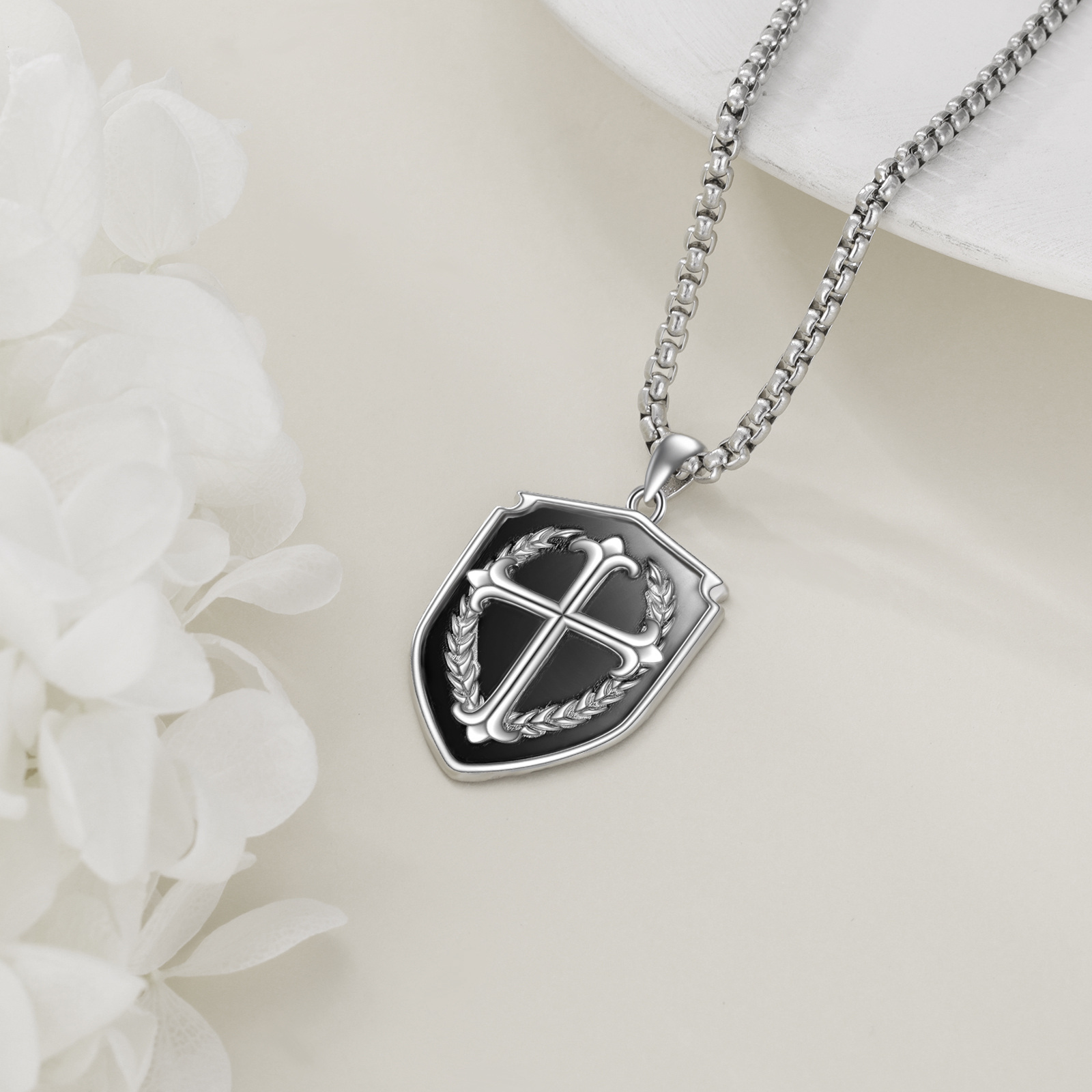925 Sterling Silver Cross Shield Pendant Necklace